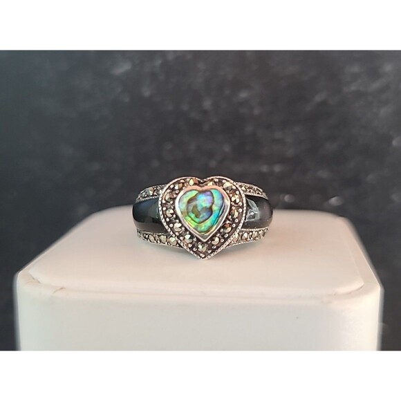 925 Sterling Abalone Shell Marcasite & Enamel Statement Ring, Size US 4.75 - Picture 3 of 10